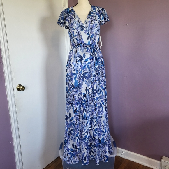 NWT Eliza J Blue Floral V-Neck Flutter Sleeve Ruffle Waist Tie Formal Maxi Dress - Picture 4 of 16